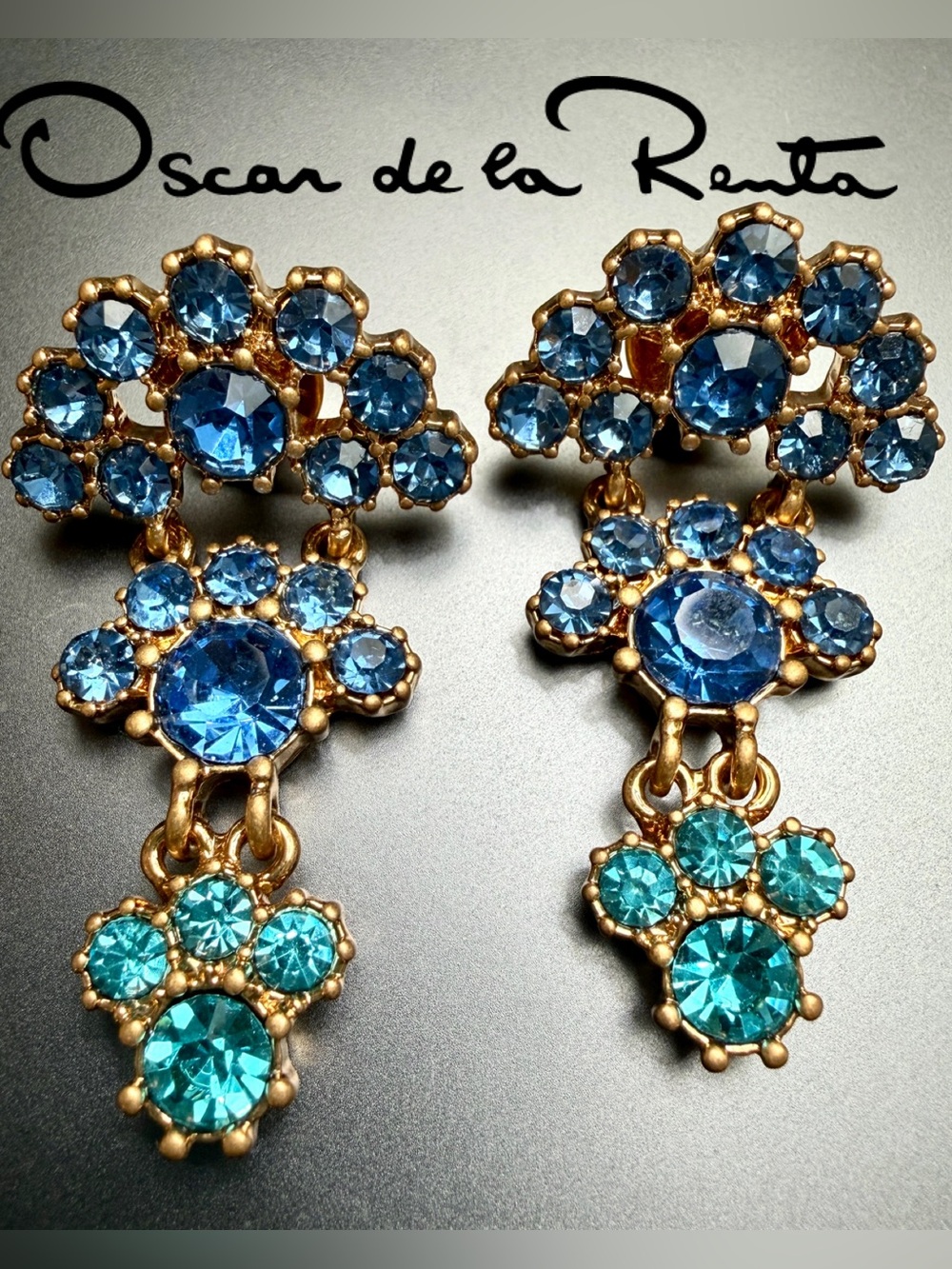 Oscar de la Renta CRYSTAL ARCH EARRINGS Blue Combo Dangle Drop✨🩵POST🩵